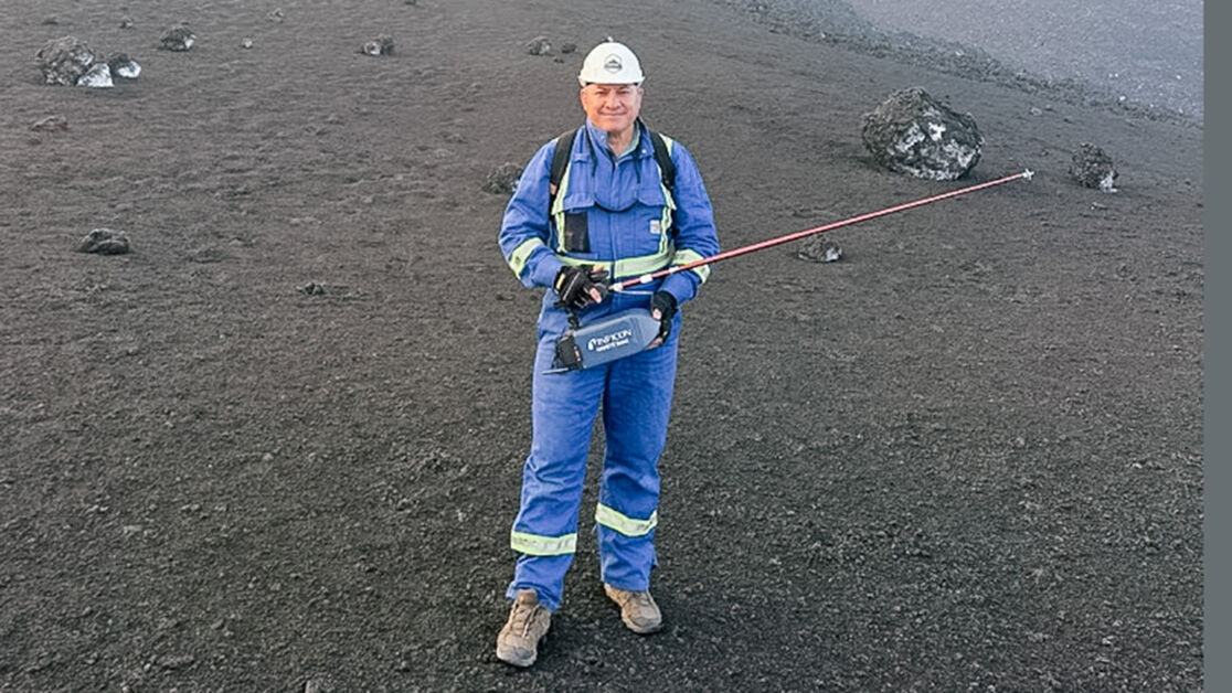 Dr. Andres Diaz holds the HAPSCOUT Scout on Mount Etna