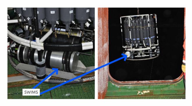 集成到海洋测深吊舱中的 SWIMS 仪器准备发射到海洋中。 SWIMS aboard deployments in polar night
