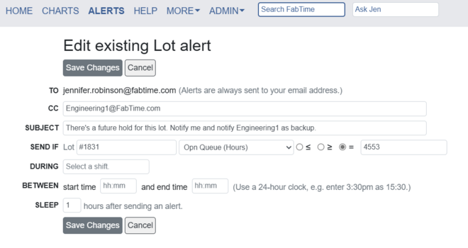 백업 엔지니어가 지정된 FabTime 미래 예약 보류 알림 예시 백업 엔지니어가 지정된 FabTime 미래 예약 보류 알림 예시