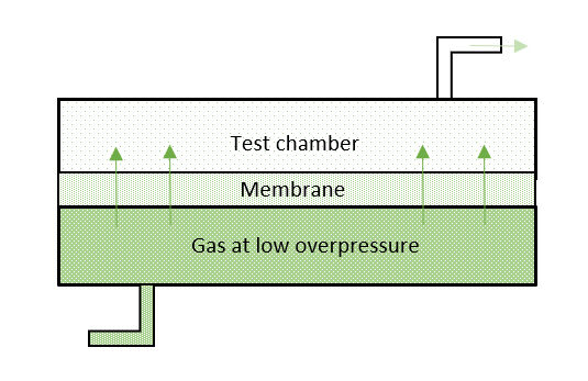 Gas will permeate through the membrane and accumulate in the test chamber