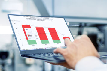 Example of a computer in a wafer fab displaying a Shipped Lot Cycle Time Details chart in FabTime Example of a computer in a wafer fab displaying a Shipped Lot Cycle Time Details chart in FabTime
